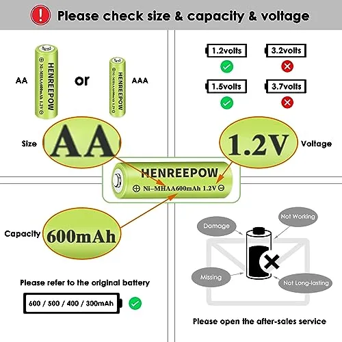 Henreepow Ni-MH AA Rechargeable Batteries, Double A High Capacity 1.2V Pre-Charged for Garden Landscaping Outdoor Solar Lights, String Lights, Pathway Lights (AA-600mAh-12pack)