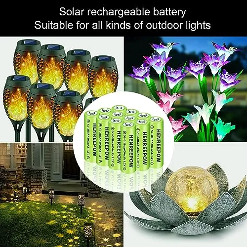 Henreepow Ni-MH AA Rechargeable Batteries, Double A High Capacity 1.2V Pre-Charged for Garden Landscaping Outdoor Solar Lights, String Lights, Pathway Lights (AA-600mAh-12pack)