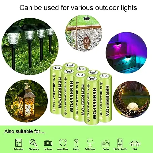 Henreepow Ni-MH AA Rechargeable Batteries, Double A High Capacity 1.2V Pre-Charged for Garden Landscaping Outdoor Solar Lights, String Lights, Pathway Lights (AA-600mAh-12pack)
