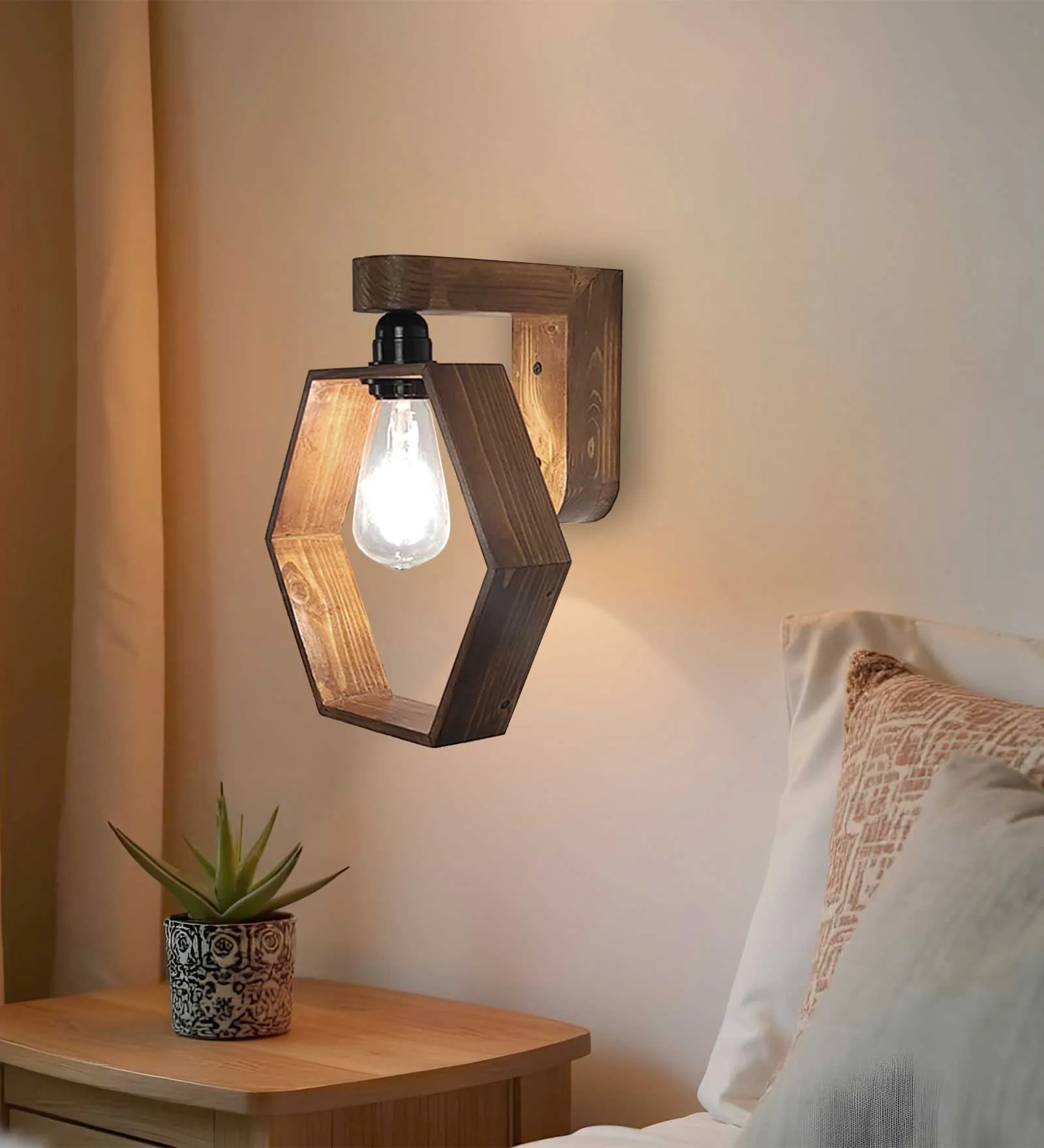 Hex Brown Wooden Wall Light