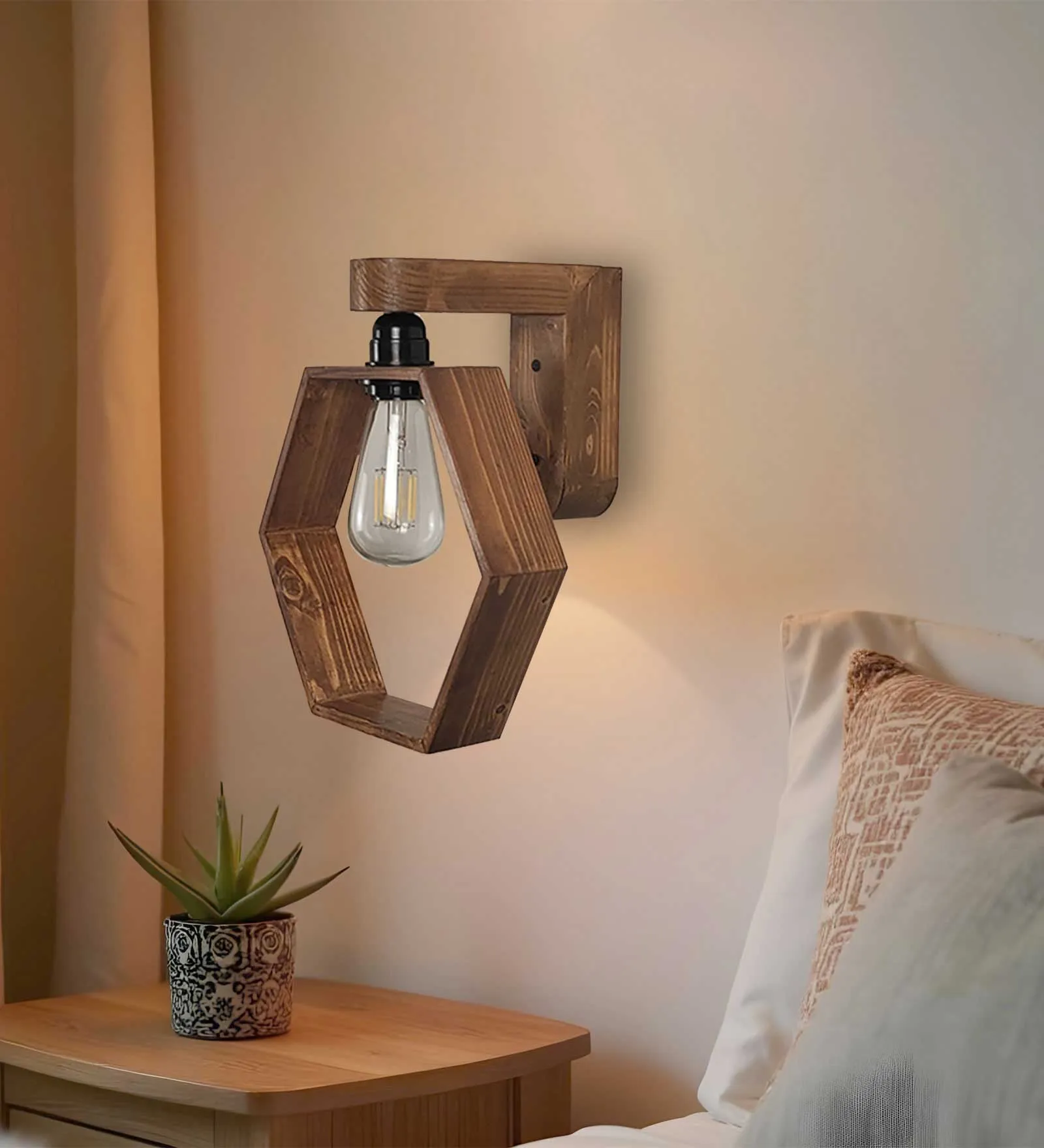 Hex Brown Wooden Wall Light