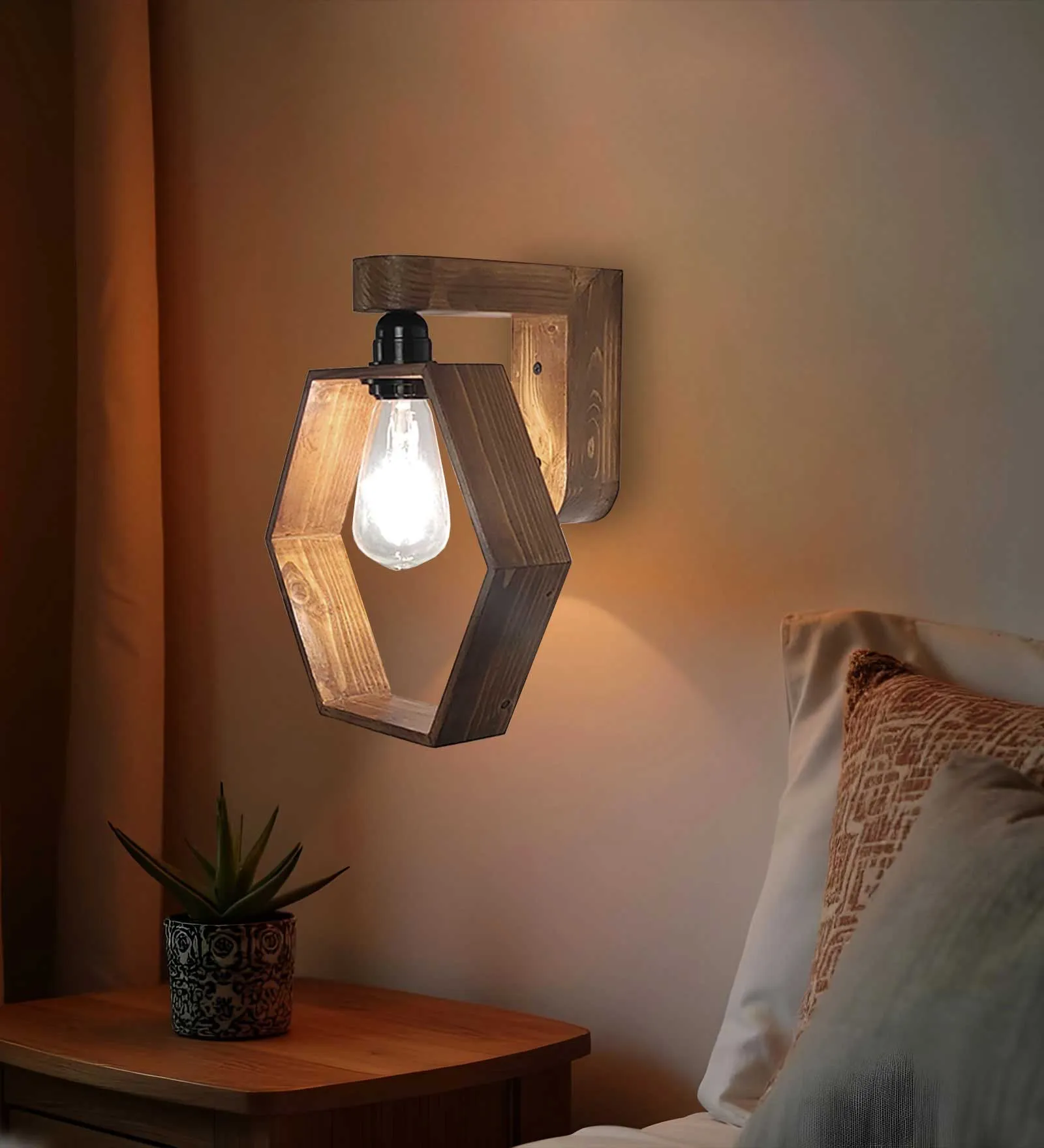 Hex Brown Wooden Wall Light