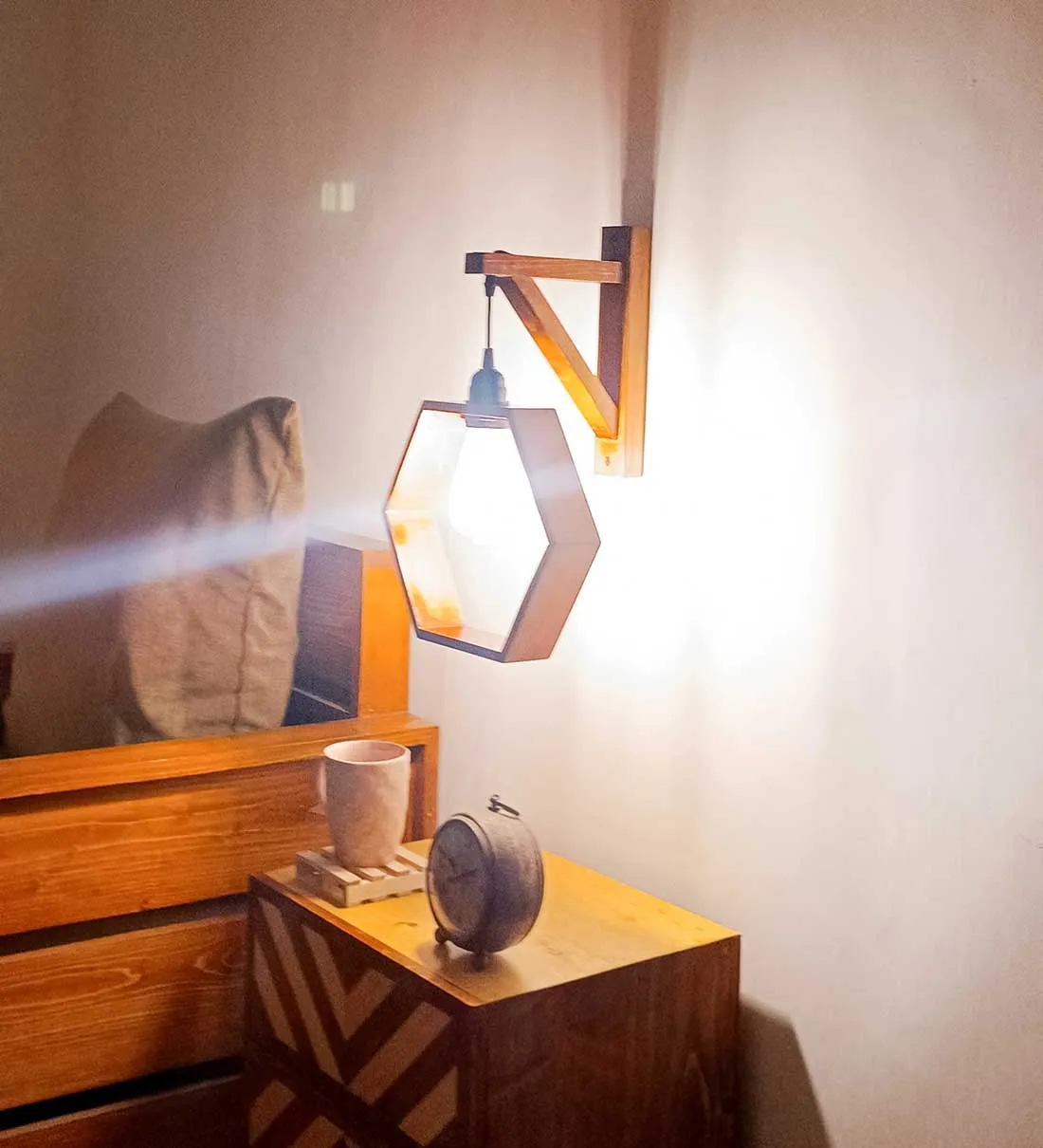 Hex L Brown Wooden Wall Light