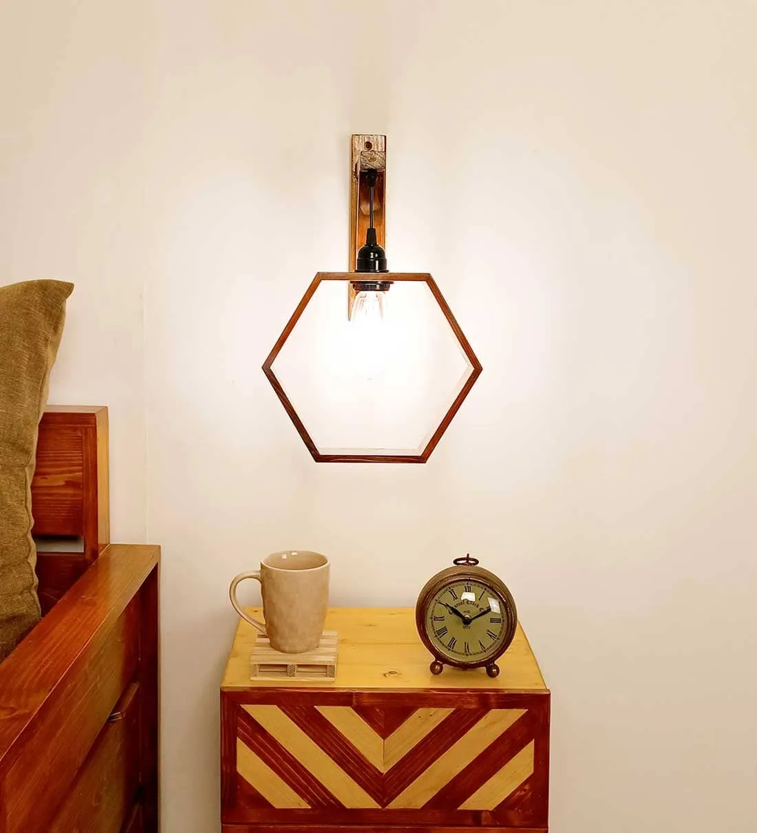 Hex L Brown Wooden Wall Light