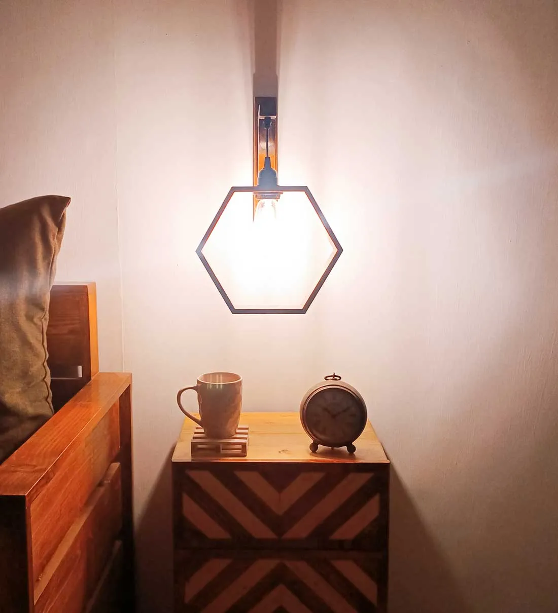 Hex L Brown Wooden Wall Light