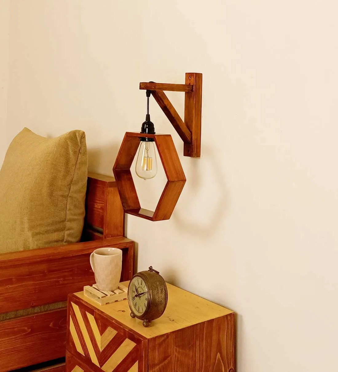 Hex L Brown Wooden Wall Light