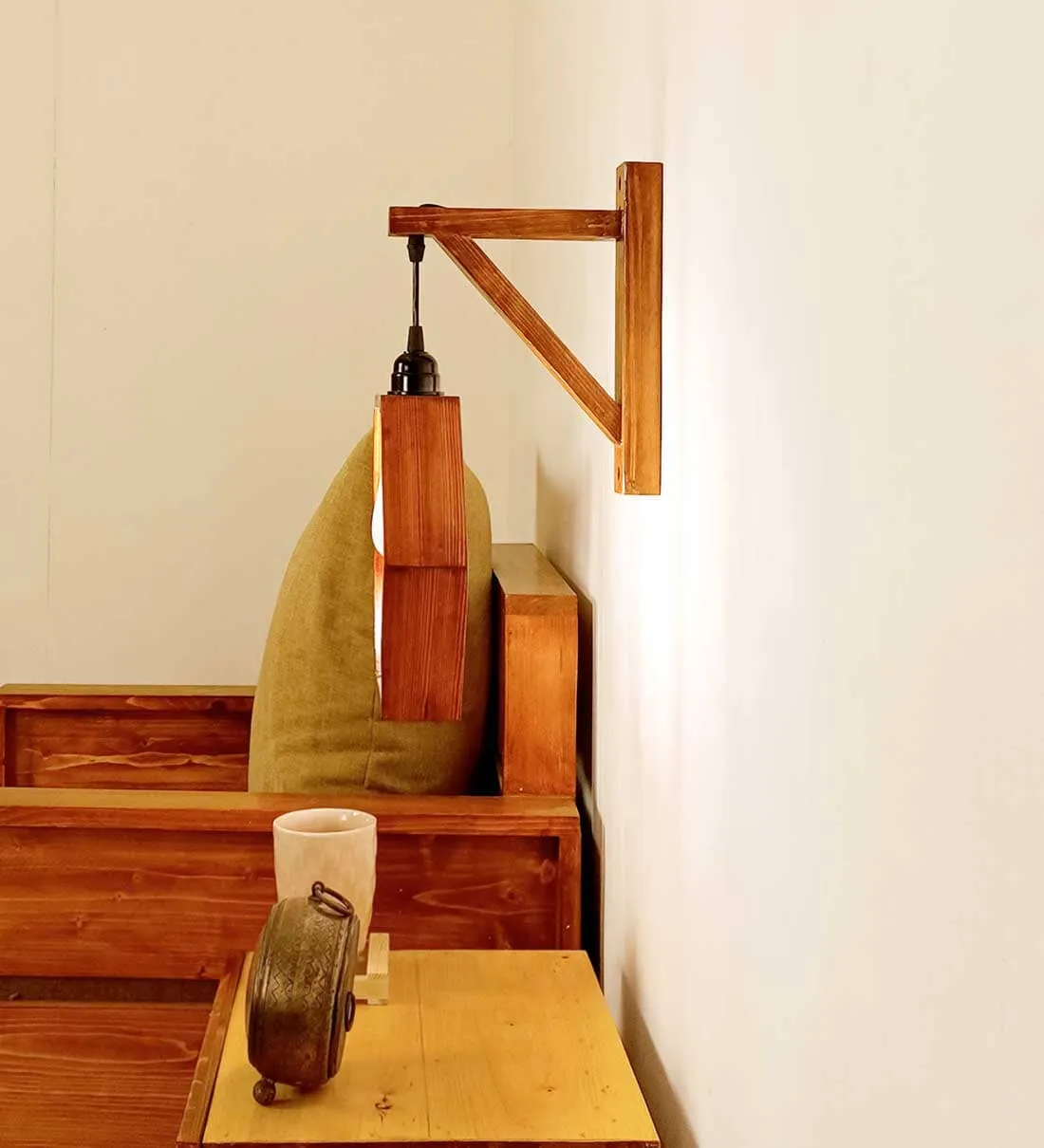 Hex L Brown Wooden Wall Light