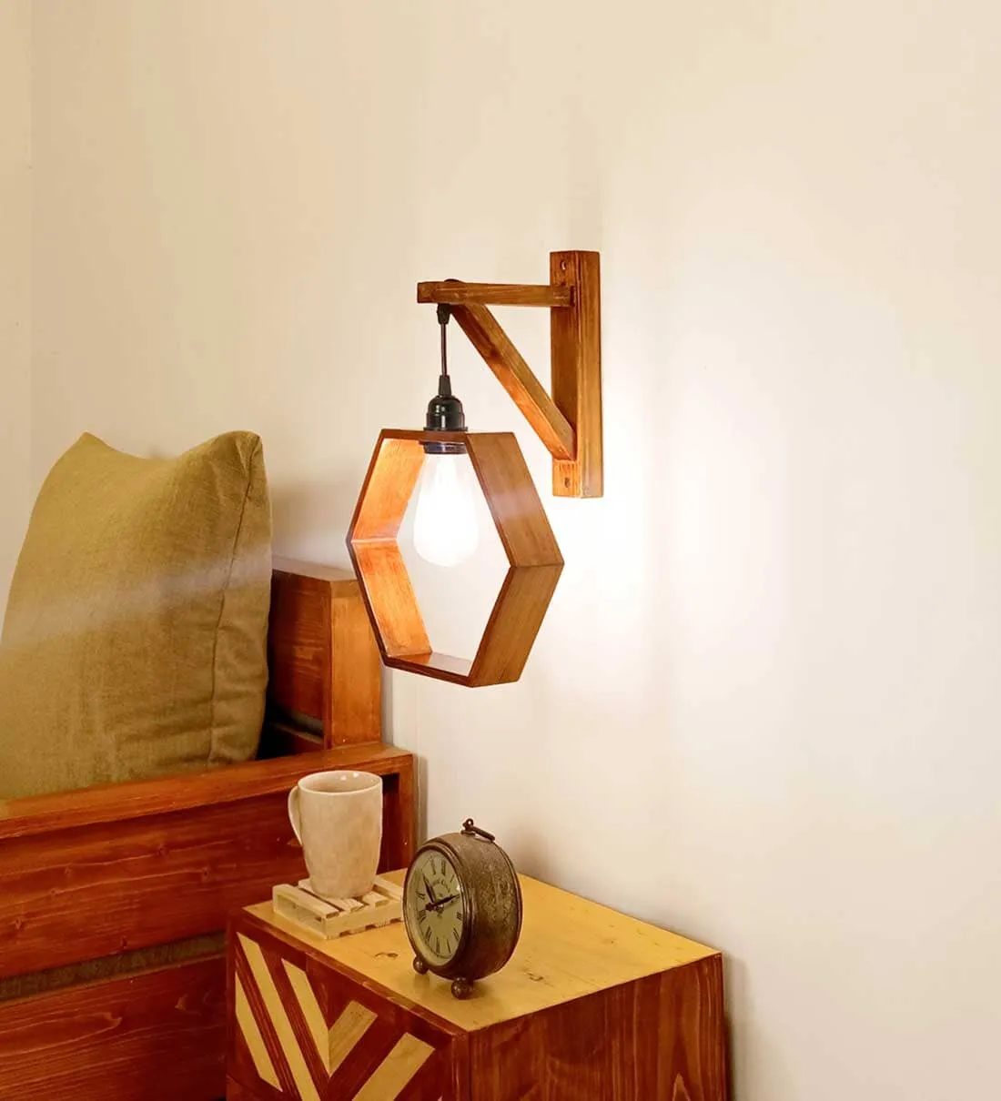 Hex L Brown Wooden Wall Light