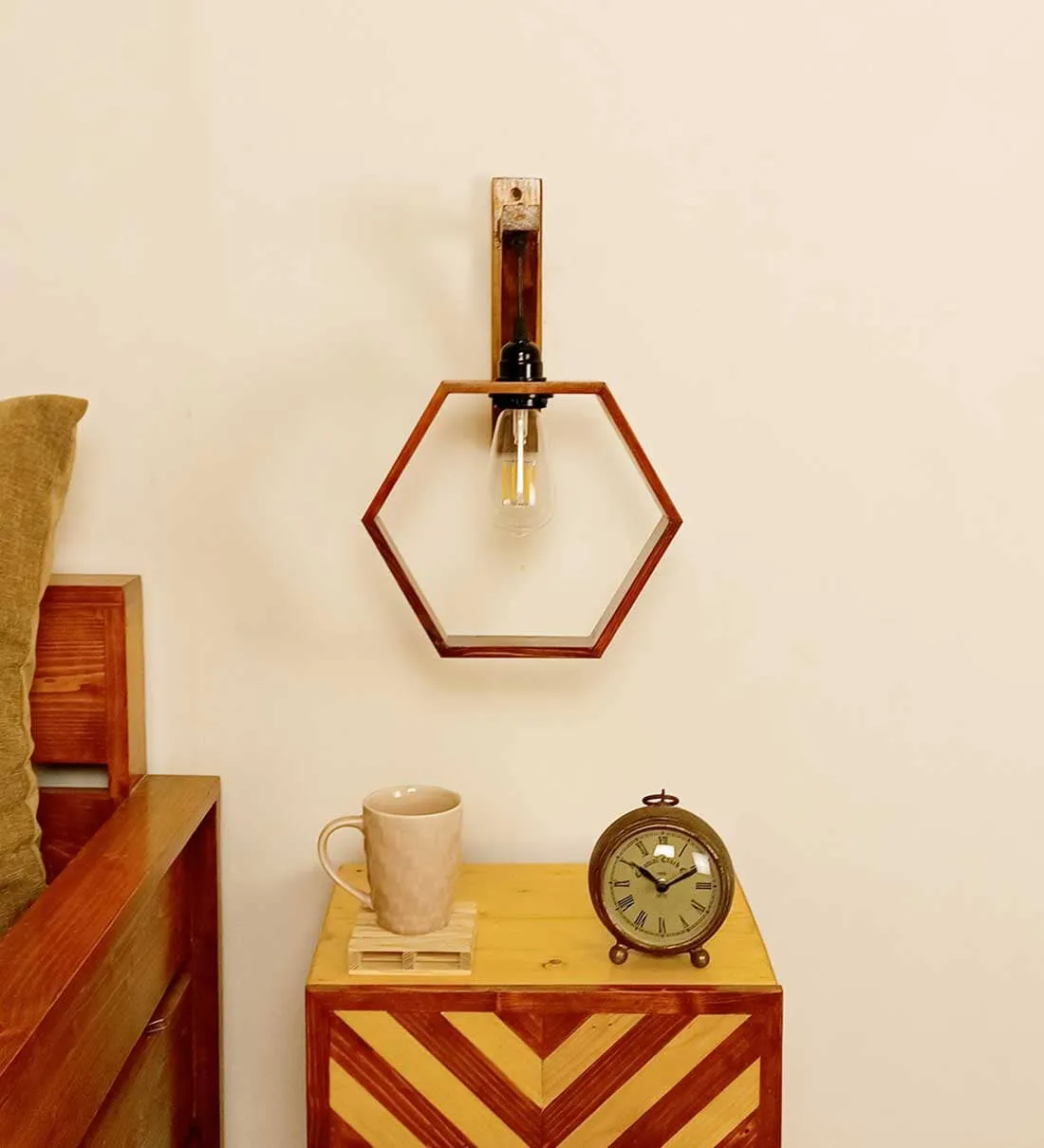 Hex L Brown Wooden Wall Light