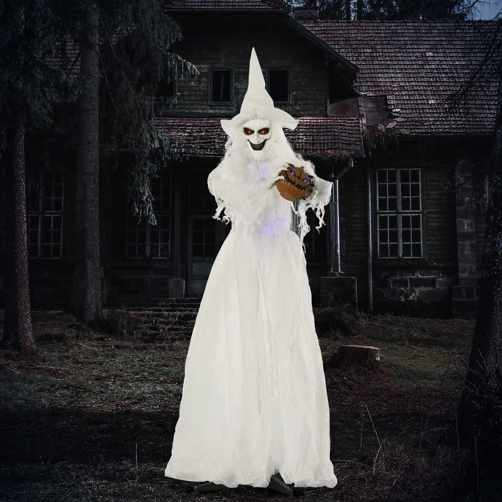 Homcom 72 Inch Halloween White Witch Holding Pumpkin Motion Lighted Up