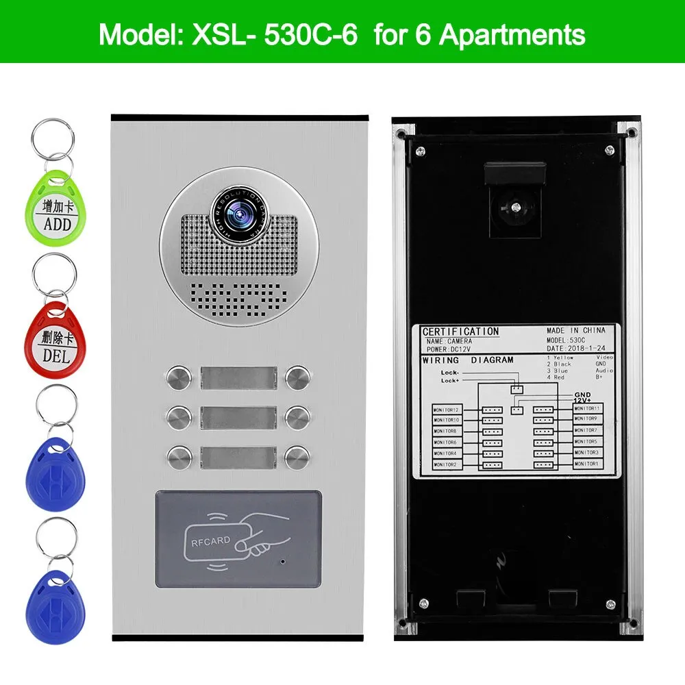 Home Video Intercom System 700TVL RFID Access Outdoor Camera Video Doorphone Doorbell IR Night Vision for 2/3/4/6 Apartments
