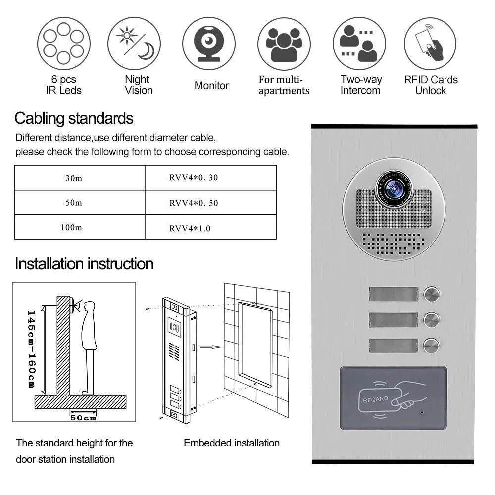 Home Video Intercom System 700TVL RFID Access Outdoor Camera Video Doorphone Doorbell IR Night Vision for 2/3/4/6 Apartments