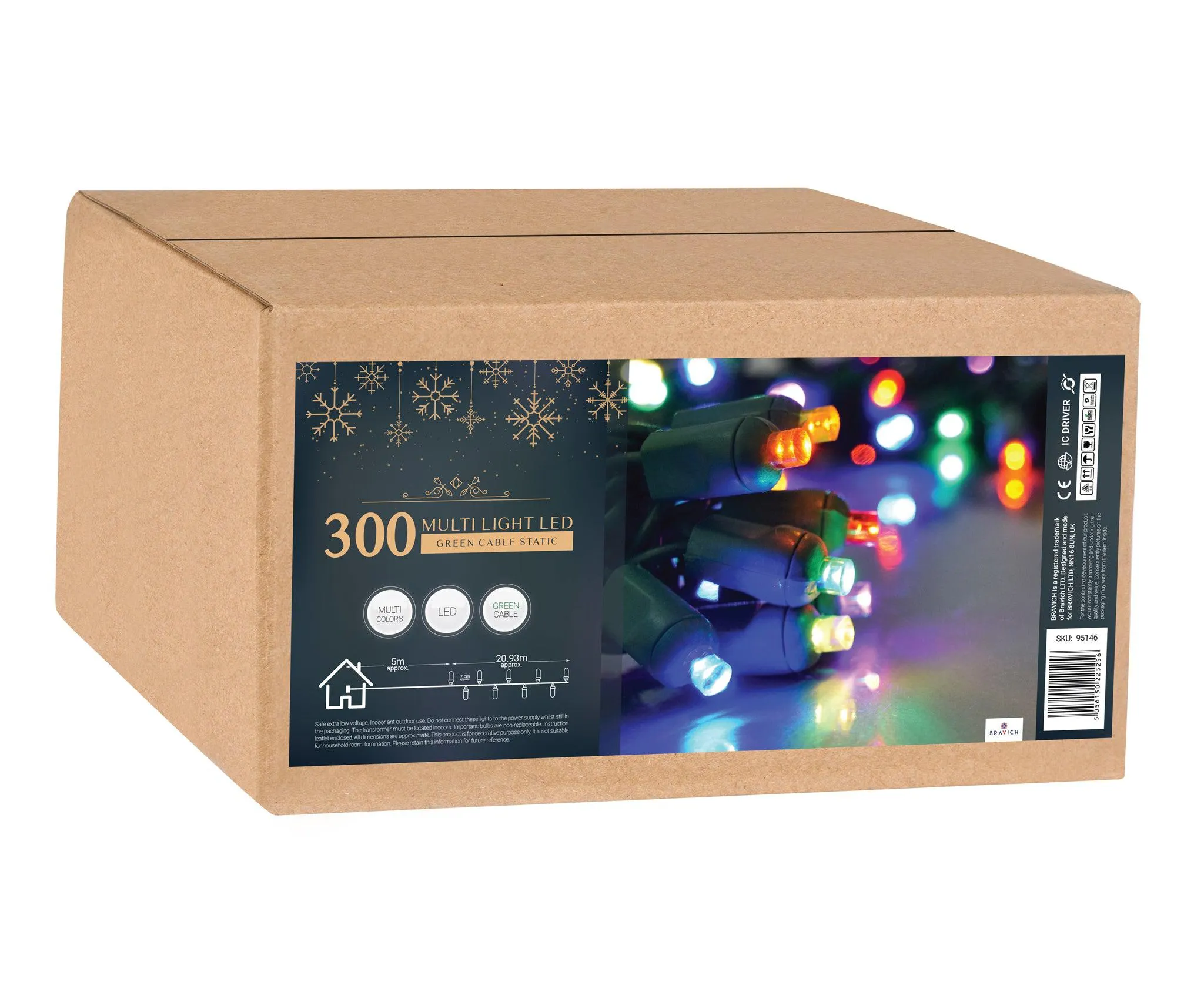 Indoor/Outdoor Static LED Waterproof Fairy Lights with Green Cable (300 Lights - 25M Cable) - Multicoloured Lights