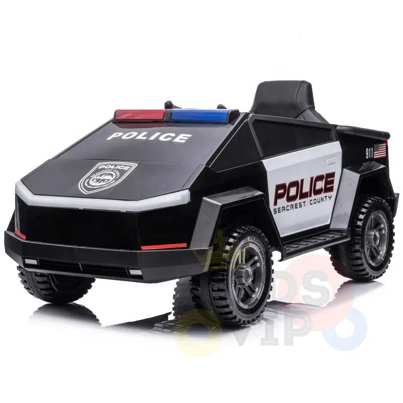 KidsVIP Kids Ride on Police Truck 12V Battery Powered Electric 4x4 AWD Remote Control Car: Rubber Wheels, 1 Leather Seat, Emergency Siren, Music Player, Lights
