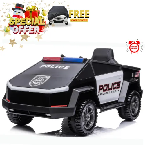 KidsVIP Kids Ride on Police Truck 12V Battery Powered Electric 4x4 AWD Remote Control Car: Rubber Wheels, 1 Leather Seat, Emergency Siren, Music Player, Lights
