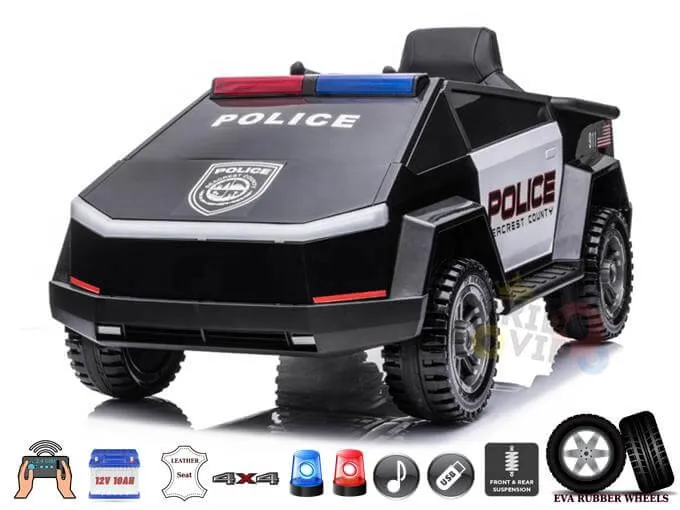 KidsVIP Kids Ride on Police Truck 12V Battery Powered Electric 4x4 AWD Remote Control Car: Rubber Wheels, 1 Leather Seat, Emergency Siren, Music Player, Lights