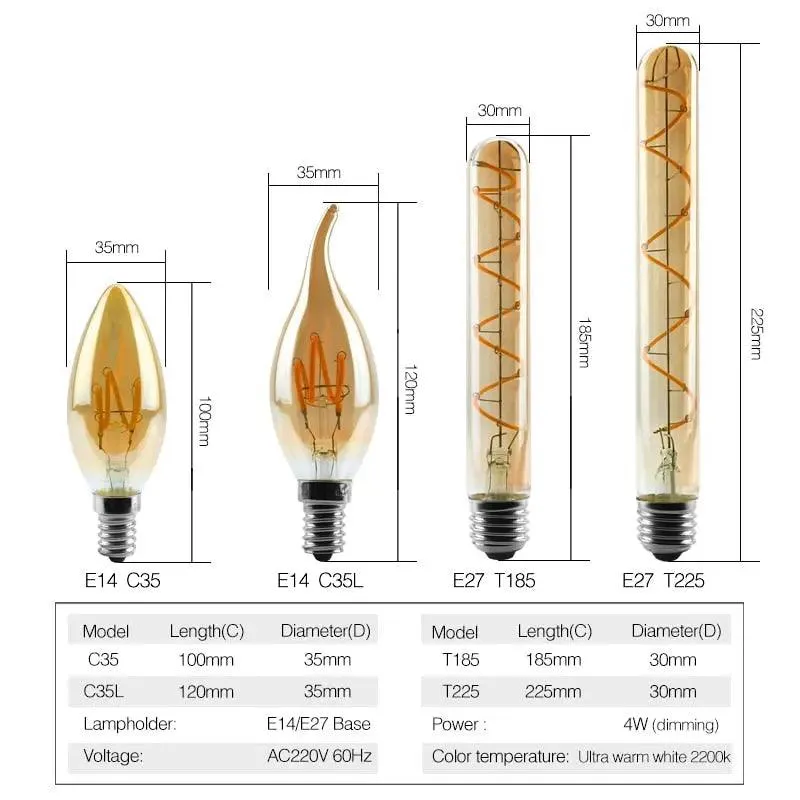 LATTUSO- LED- Filament Bulb Spiral Light/ 4W 2200K /C35 T45 optional