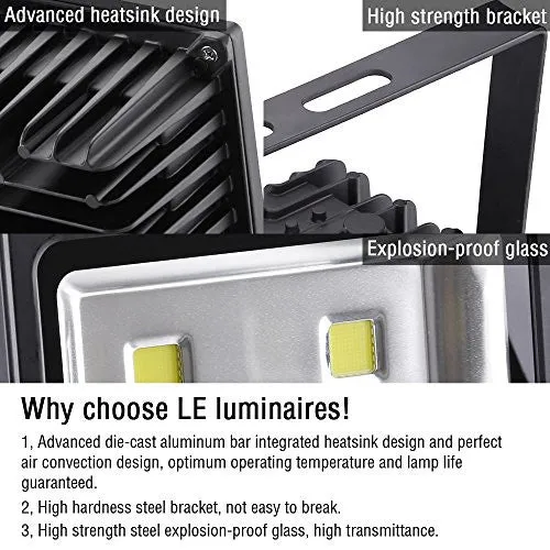 LE 100W Super Bright Outdoor LED Flood Lights, 250W HPS Bulb Equivalent, Waterproof IP65, 10150lm, Daylight White, 6000K, Security Lights, Floodlight, 5 Years Warrenty