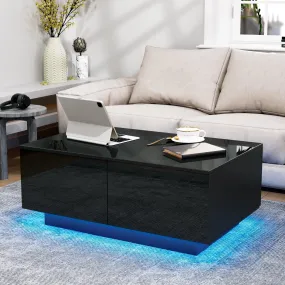 LED Coffee Table with 4 Drawers – Black High Gloss Center Table for Living Room