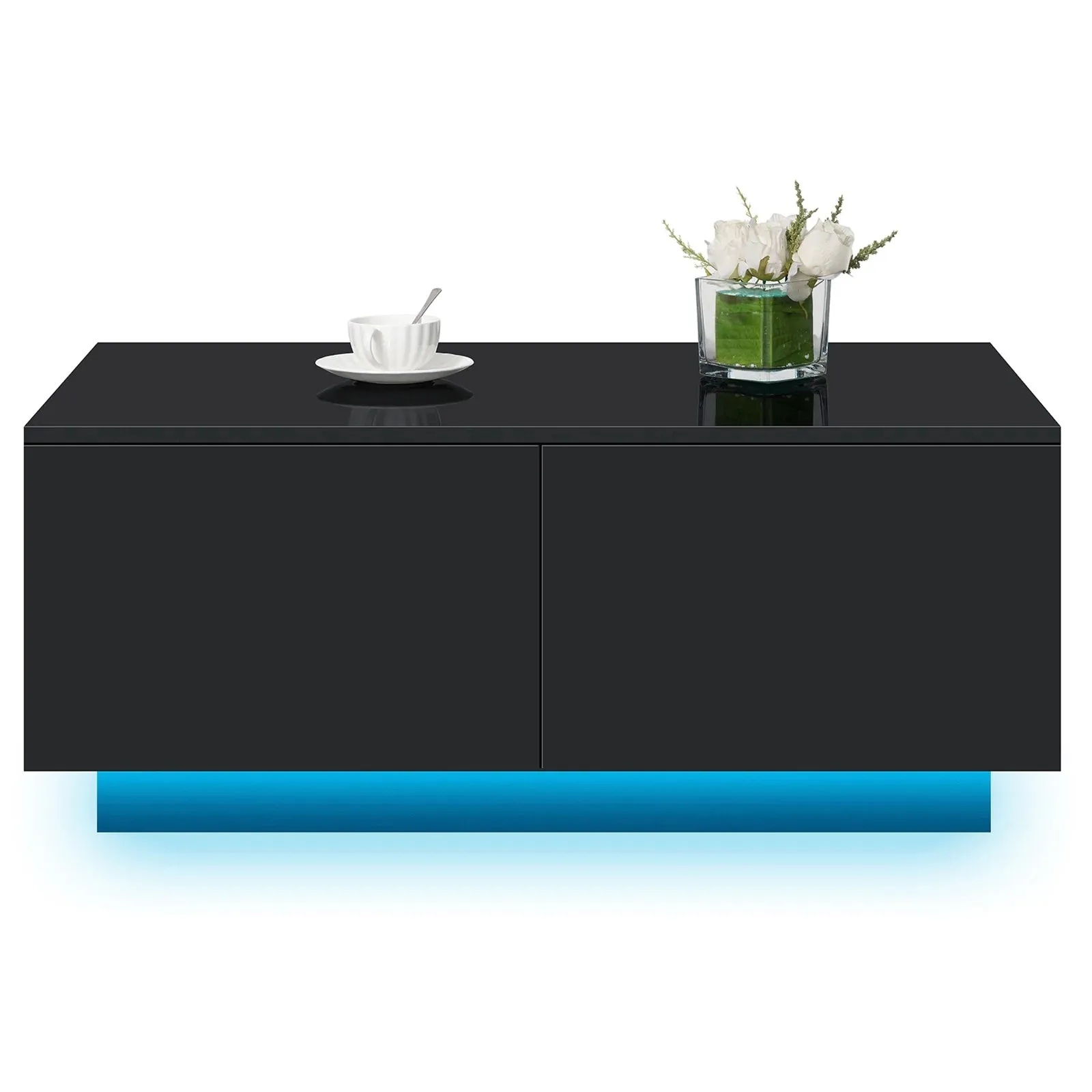 LED Coffee Table with 4 Drawers – Black High Gloss Center Table for Living Room