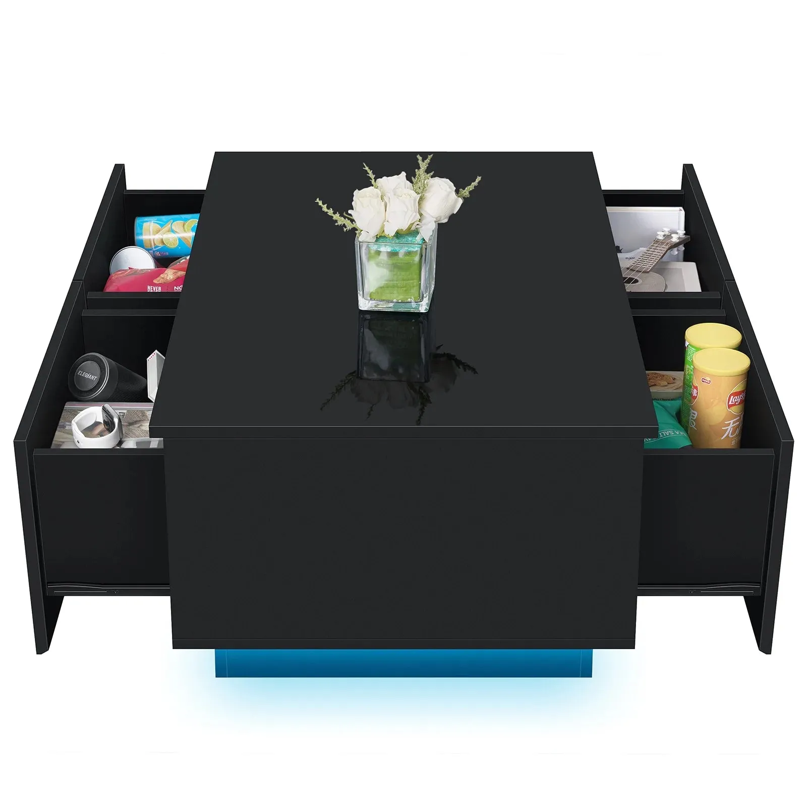 LED Coffee Table with 4 Drawers – Black High Gloss Center Table for Living Room