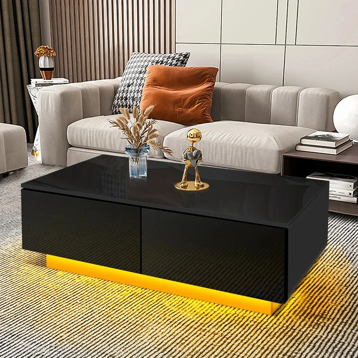 LED Coffee Table with 4 Drawers – Black High Gloss Center Table for Living Room