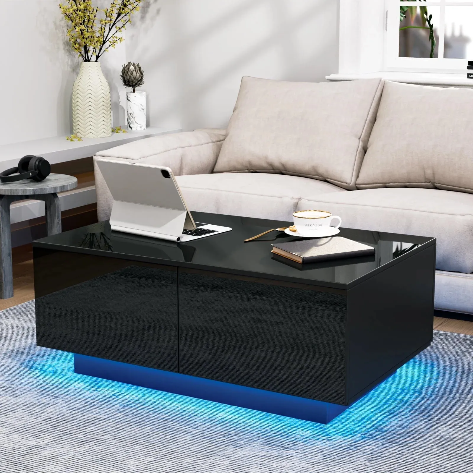 LED Coffee Table with 4 Drawers – Black High Gloss Center Table for Living Room