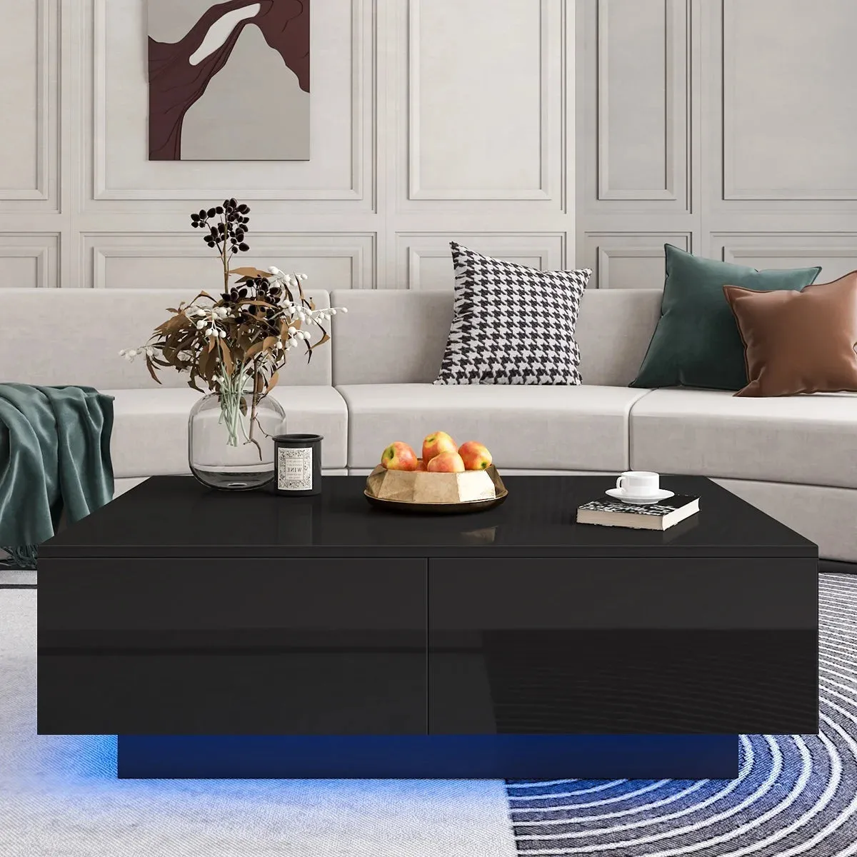 LED Coffee Table with 4 Drawers – Black High Gloss Center Table for Living Room