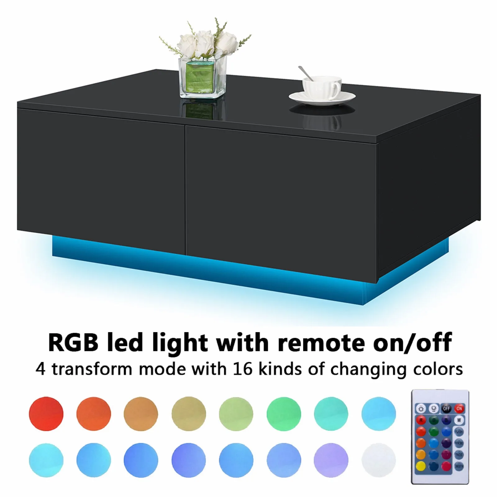 LED Coffee Table with 4 Drawers – Black High Gloss Center Table for Living Room