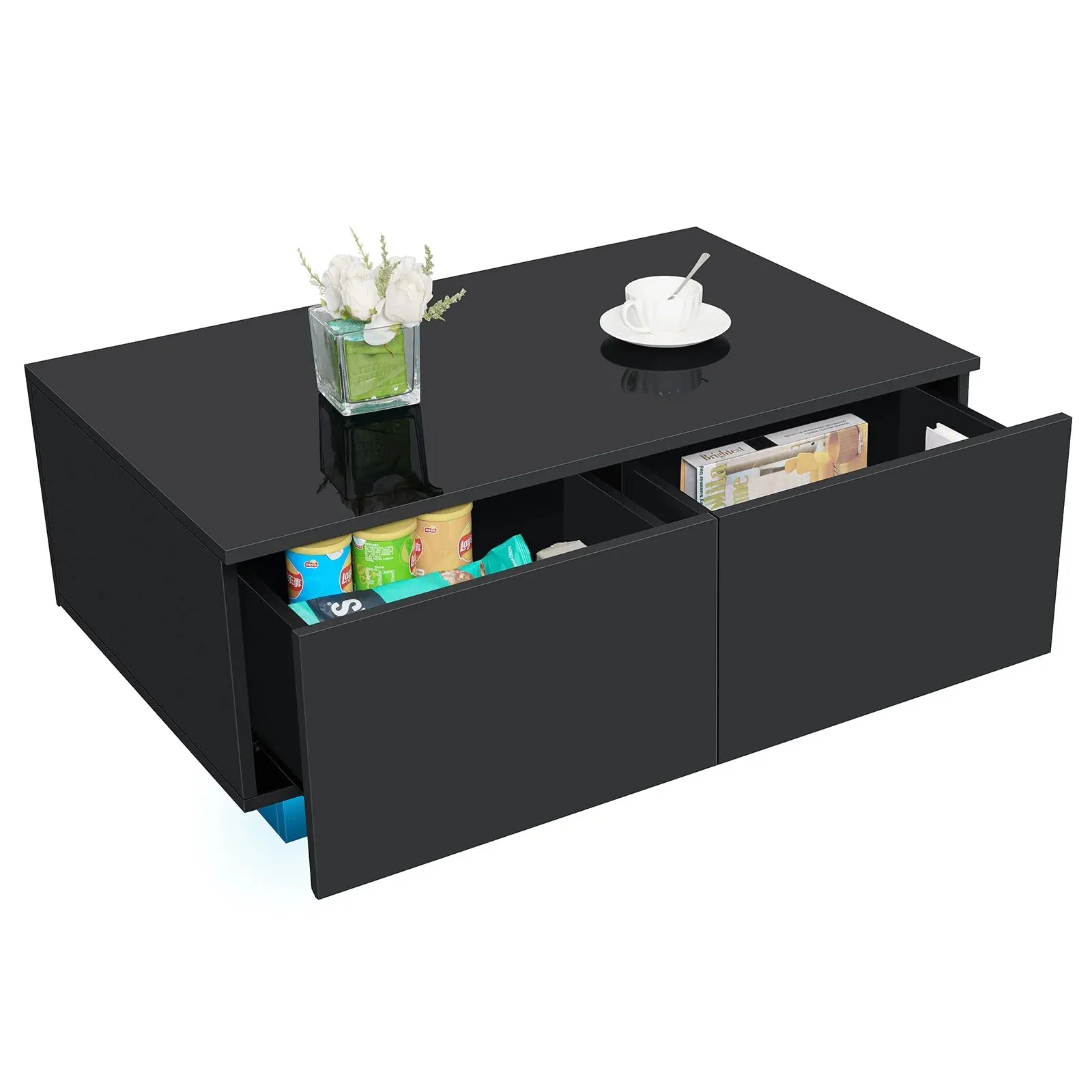 LED Coffee Table with 4 Drawers – Black High Gloss Center Table for Living Room