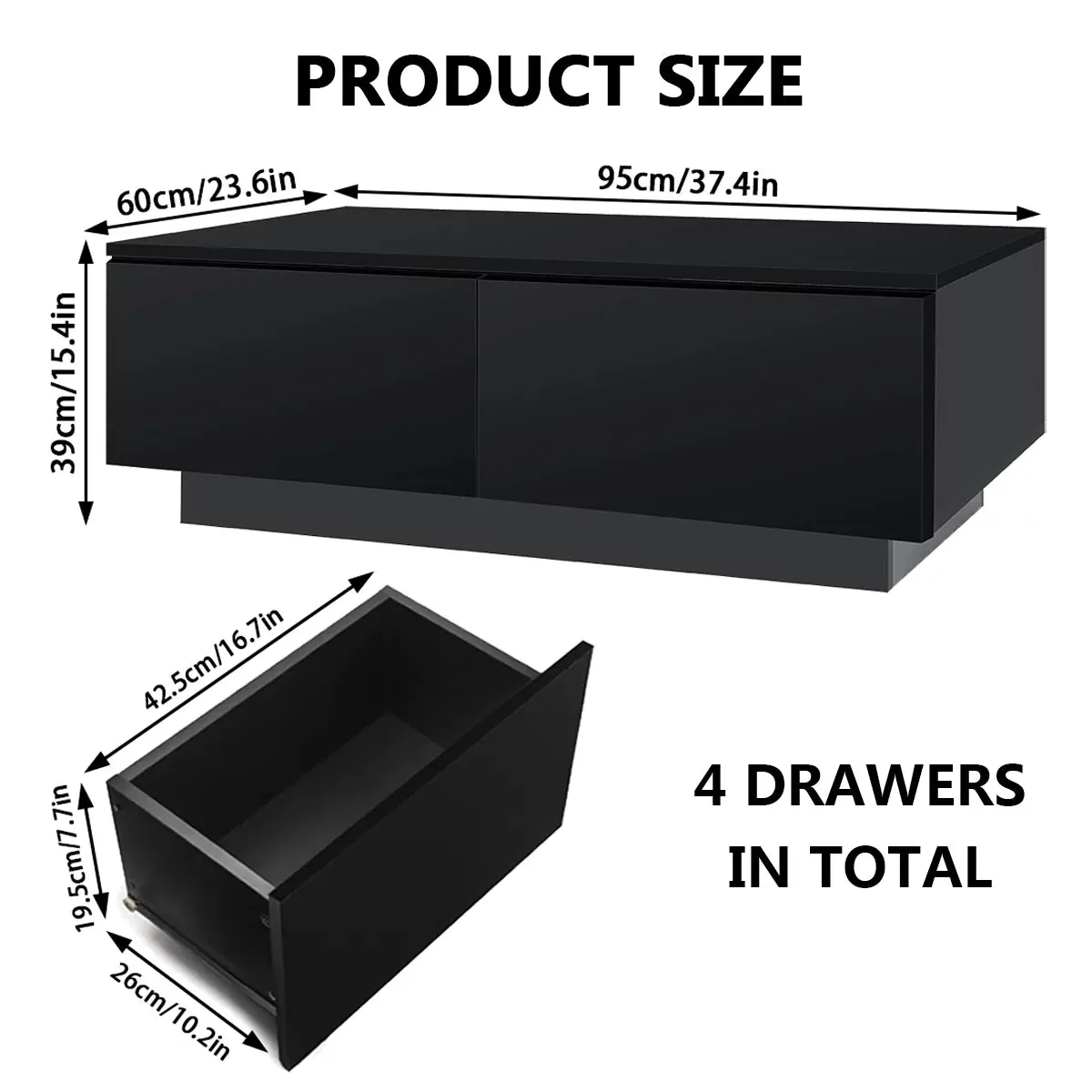LED Coffee Table with 4 Drawers – Black High Gloss Center Table for Living Room