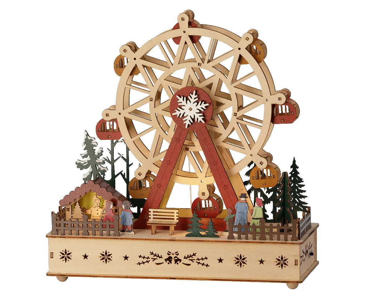 Lumineo 28cm LED Wooden Village Carousel Scene with Lights, Motion & Sound