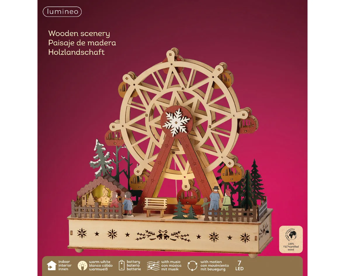 Lumineo 28cm LED Wooden Village Carousel Scene with Lights, Motion & Sound