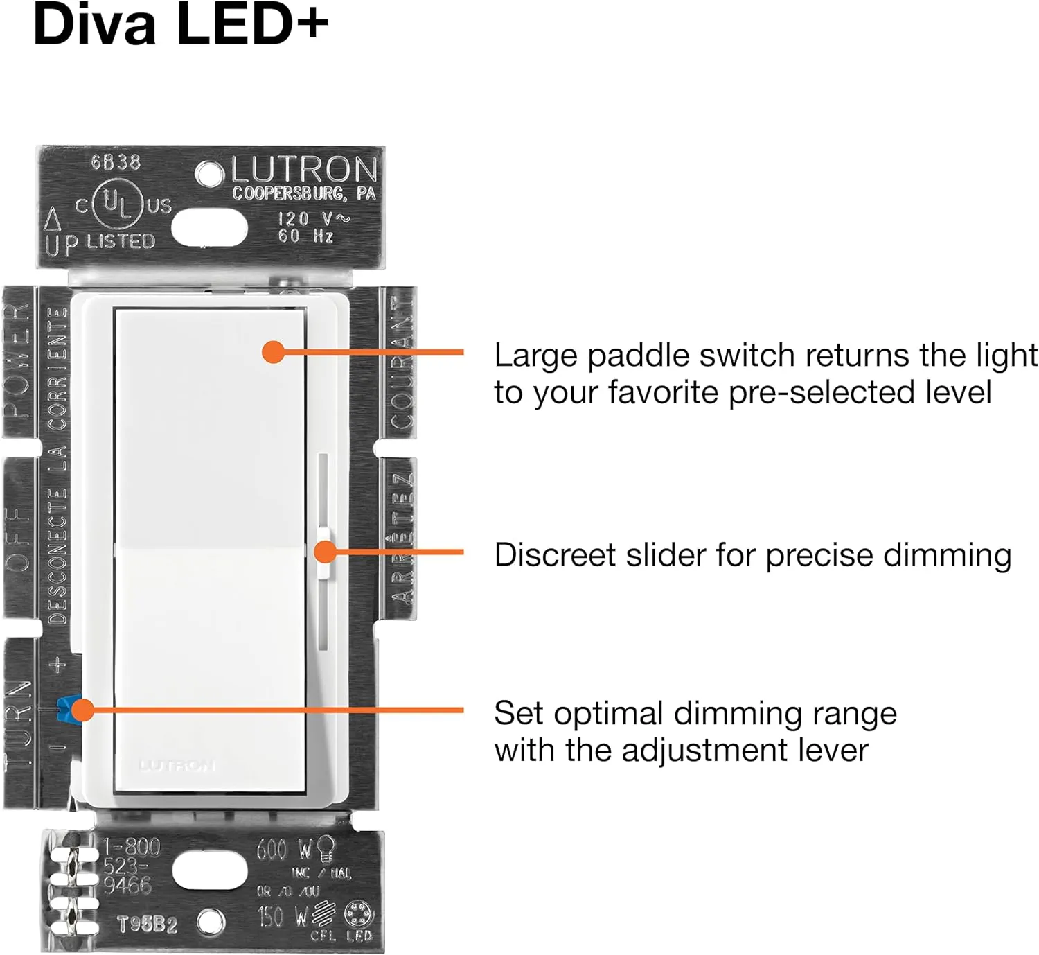 Lutron Diva LED  Dimmer Switch, 150-Watt/Single-Pole or 3-Way in White