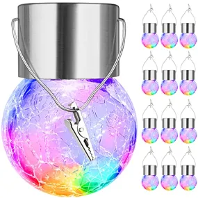 MAXvolador 12-Pack Hanging Solar Lights Outdoor, Decorative Cracked Glass Ball Light, Solar Powered Waterproof Globe Lighting with Handle for Garden, Yard,Patio,Tree,Holiday(Multicolor)