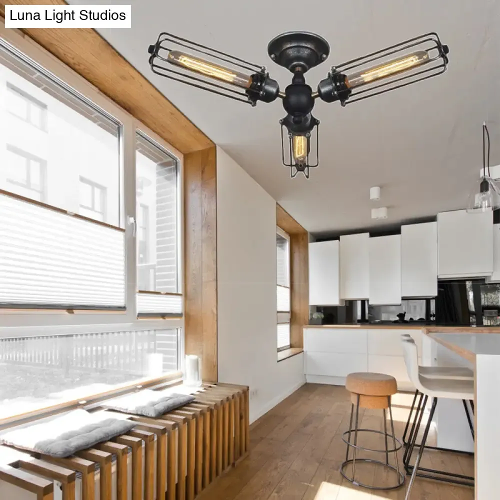 Metal Ceiling Lamp with Cage Shade - Farmhouse Style 3-Light Fan Design - Living Room Semi Flush Mount