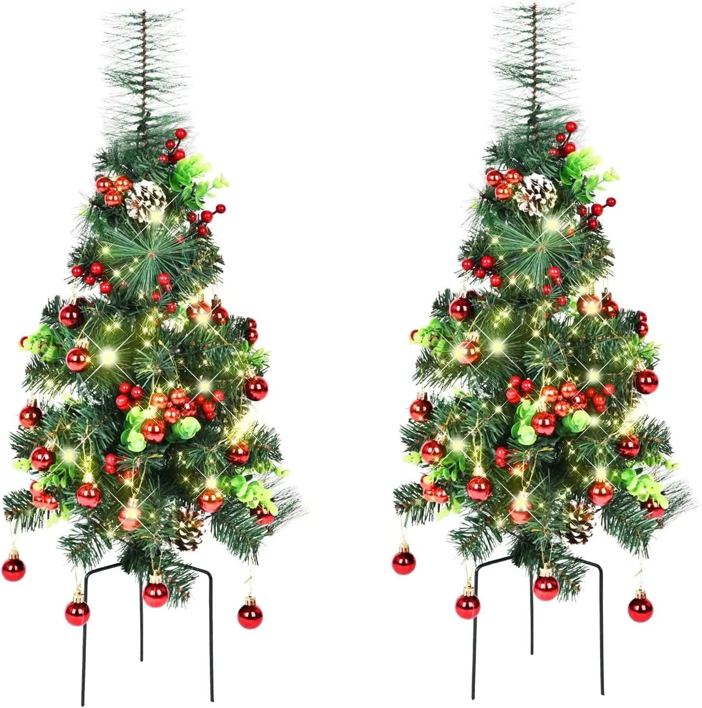 modern 2 Pack Pre-Lit Christmas Pathway Trees, 30 in, Artificial Christmas Urn Filler, 60 LED Lights, Battery Operated, for Driveway, Corridor, Yard, Garden