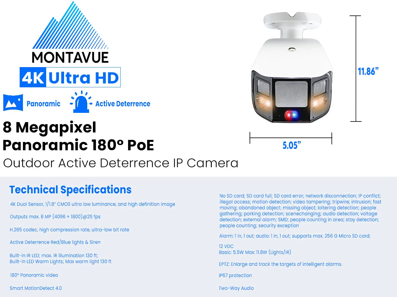 MTB180-TIOC | 8MP 4K 180° Panoramic Active Deterrence Bullet Camera with Full Color and SMD 4.0