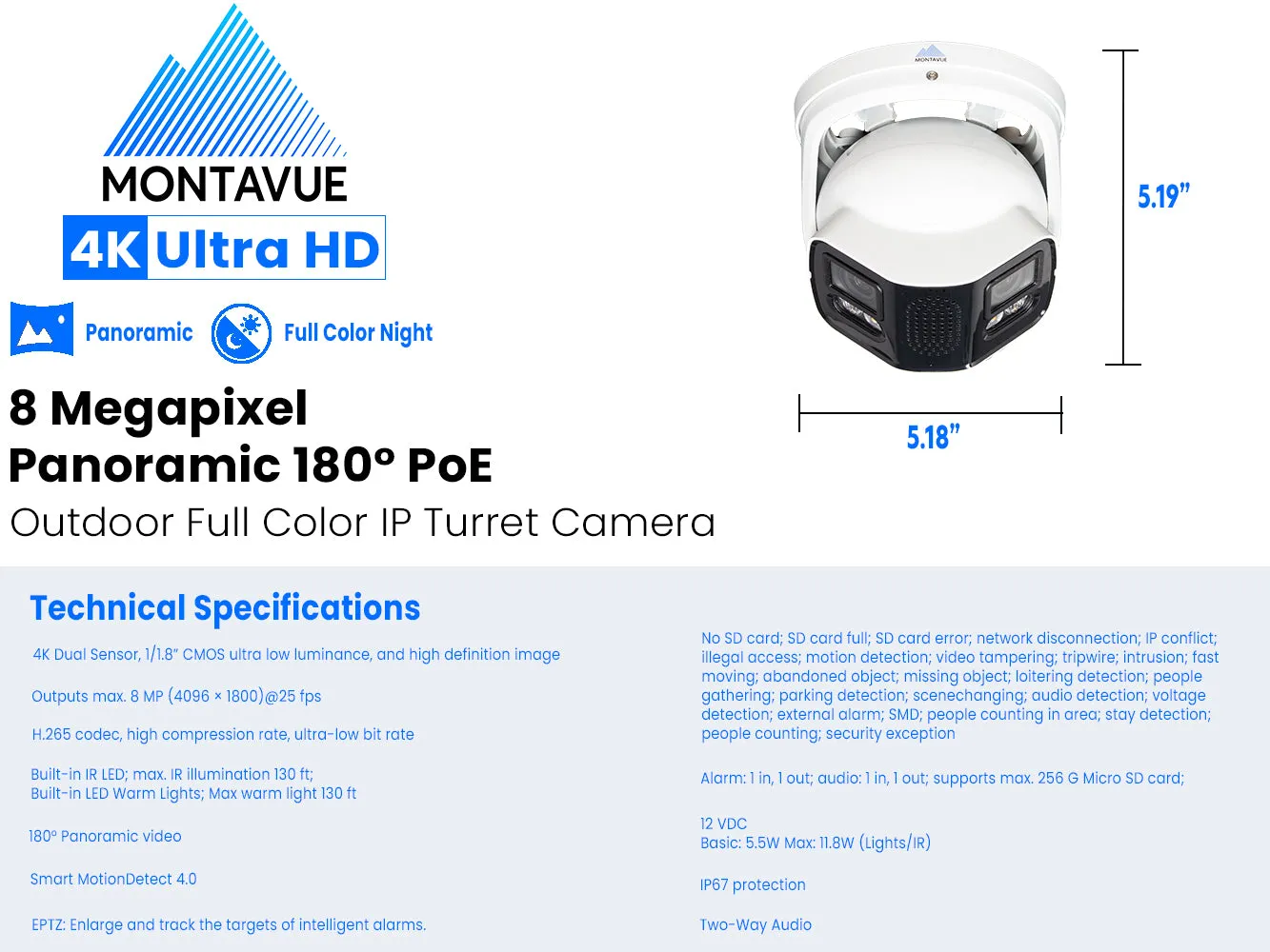 MTT180 | 8MP 4K 180° Panoramic Turret Camera with Full Color and SMD 4.0