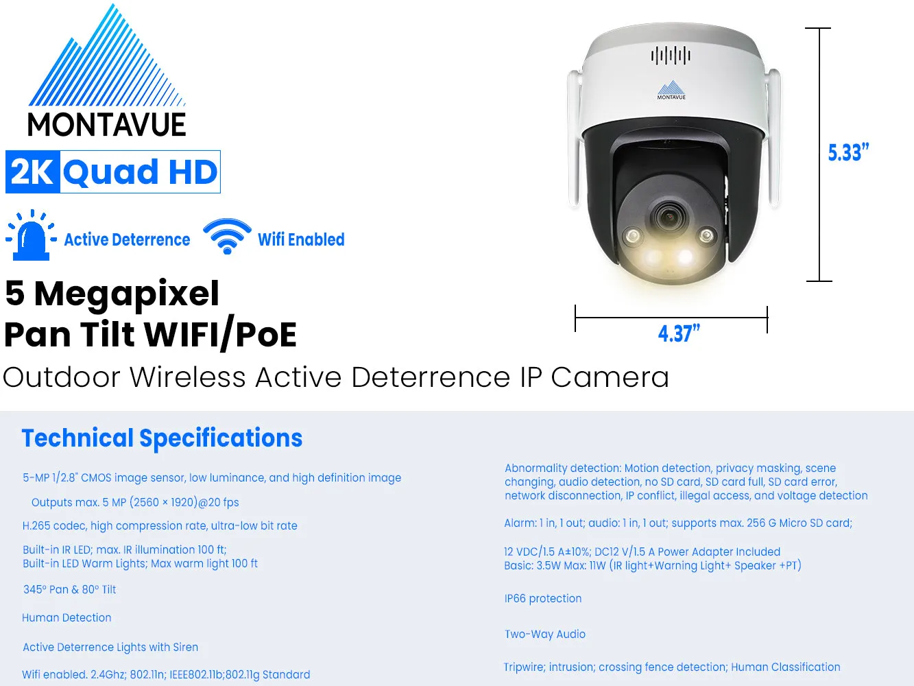 MTZ5-IR-FC-AD-WIFI | 5MP 2K WIFI Active Deterrence Pan Tilt Camera with Two-Way Audio