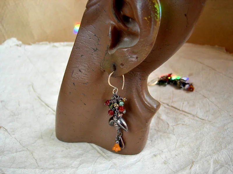 Orange & Green Cluster Earrings, Bees in Mallow Flowers