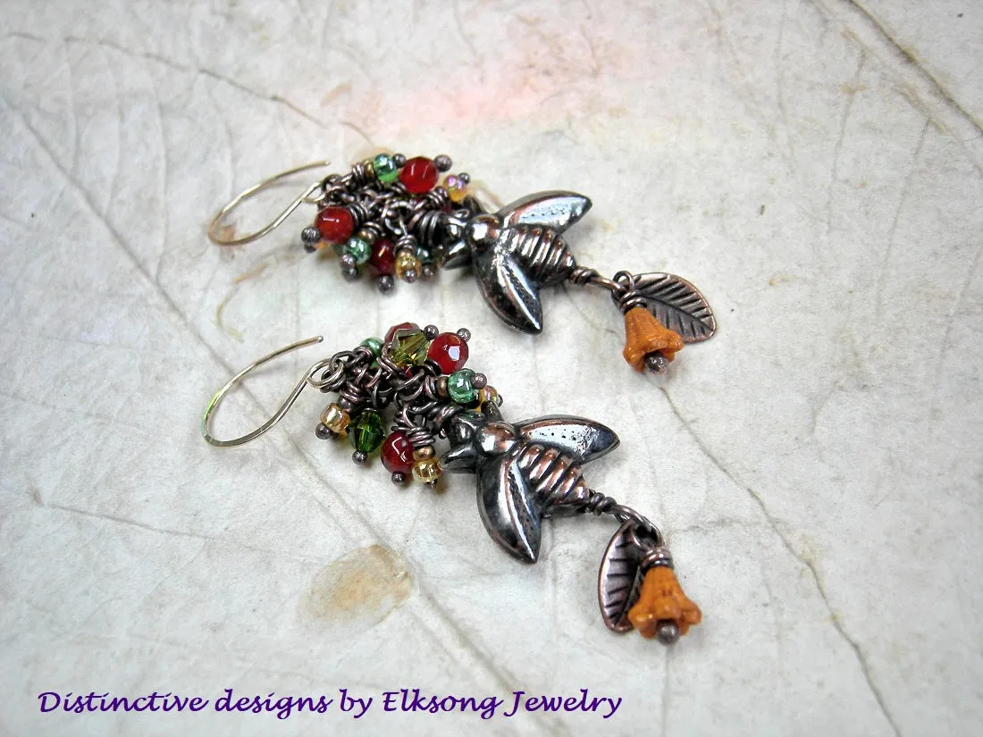 Orange & Green Cluster Earrings, Bees in Mallow Flowers