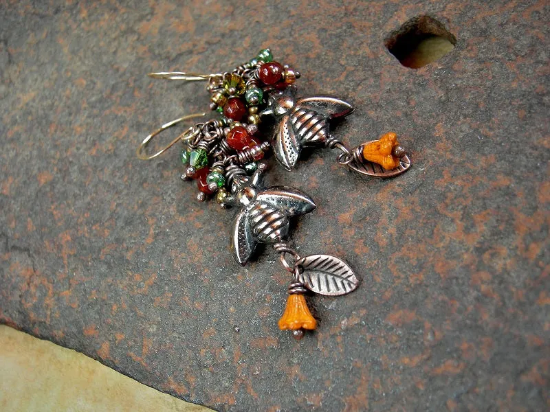 Orange & Green Cluster Earrings, Bees in Mallow Flowers