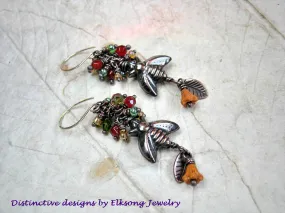 Orange & Green Cluster Earrings, Bees in Mallow Flowers