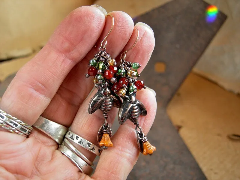 Orange & Green Cluster Earrings, Bees in Mallow Flowers