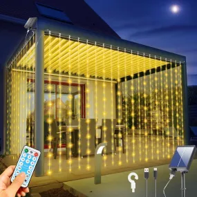 Outdoor Elegance: 300 LED Solar Curtain Lights: Waterproof, Remote, 8 Modes