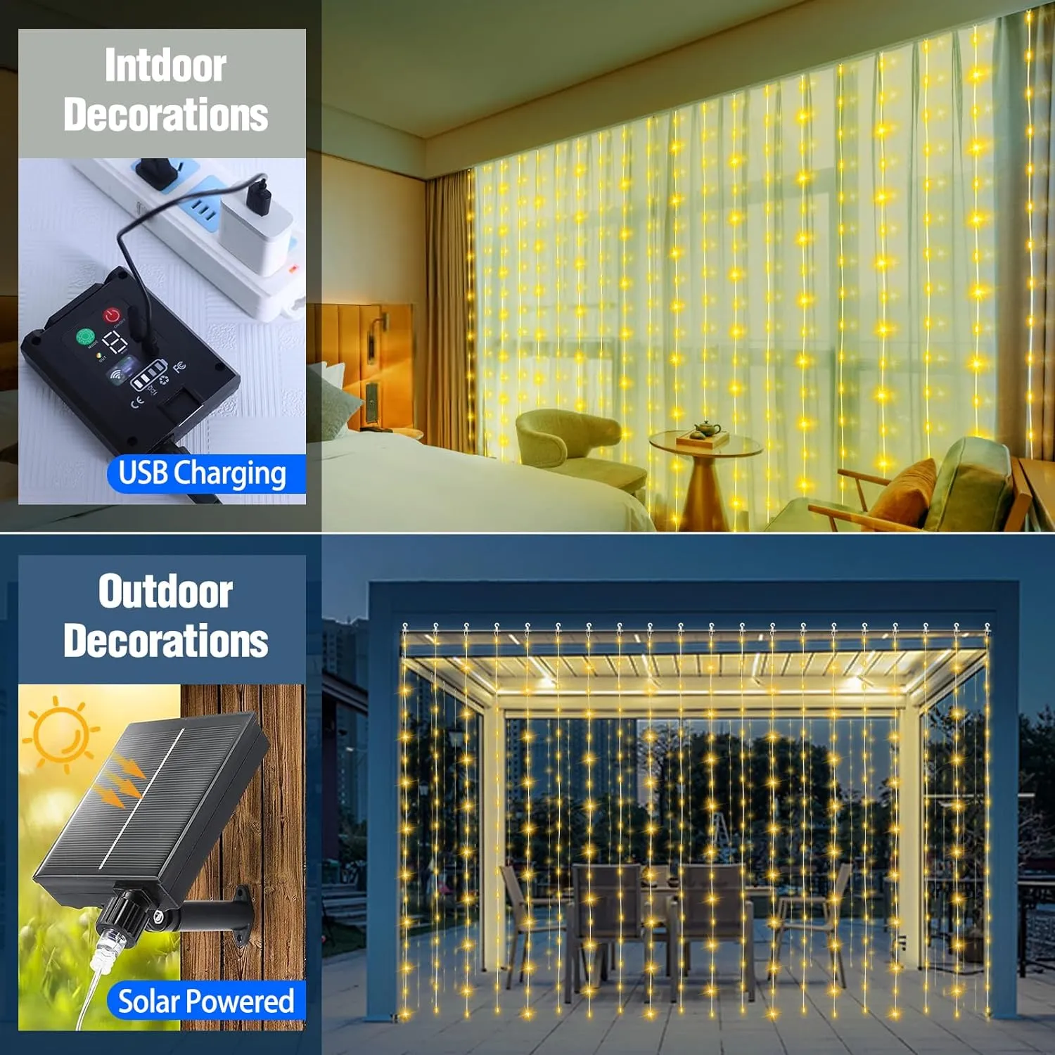 Outdoor Elegance: 300 LED Solar Curtain Lights: Waterproof, Remote, 8 Modes