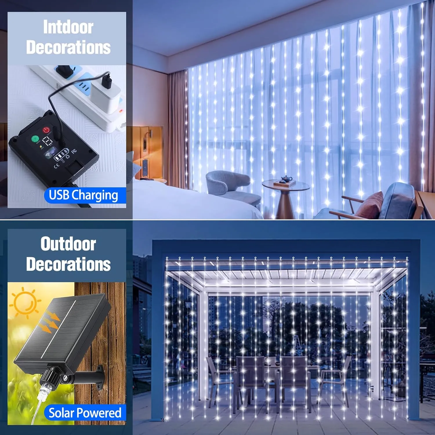 Outdoor Elegance: 300 LED Solar Curtain Lights: Waterproof, Remote, 8 Modes