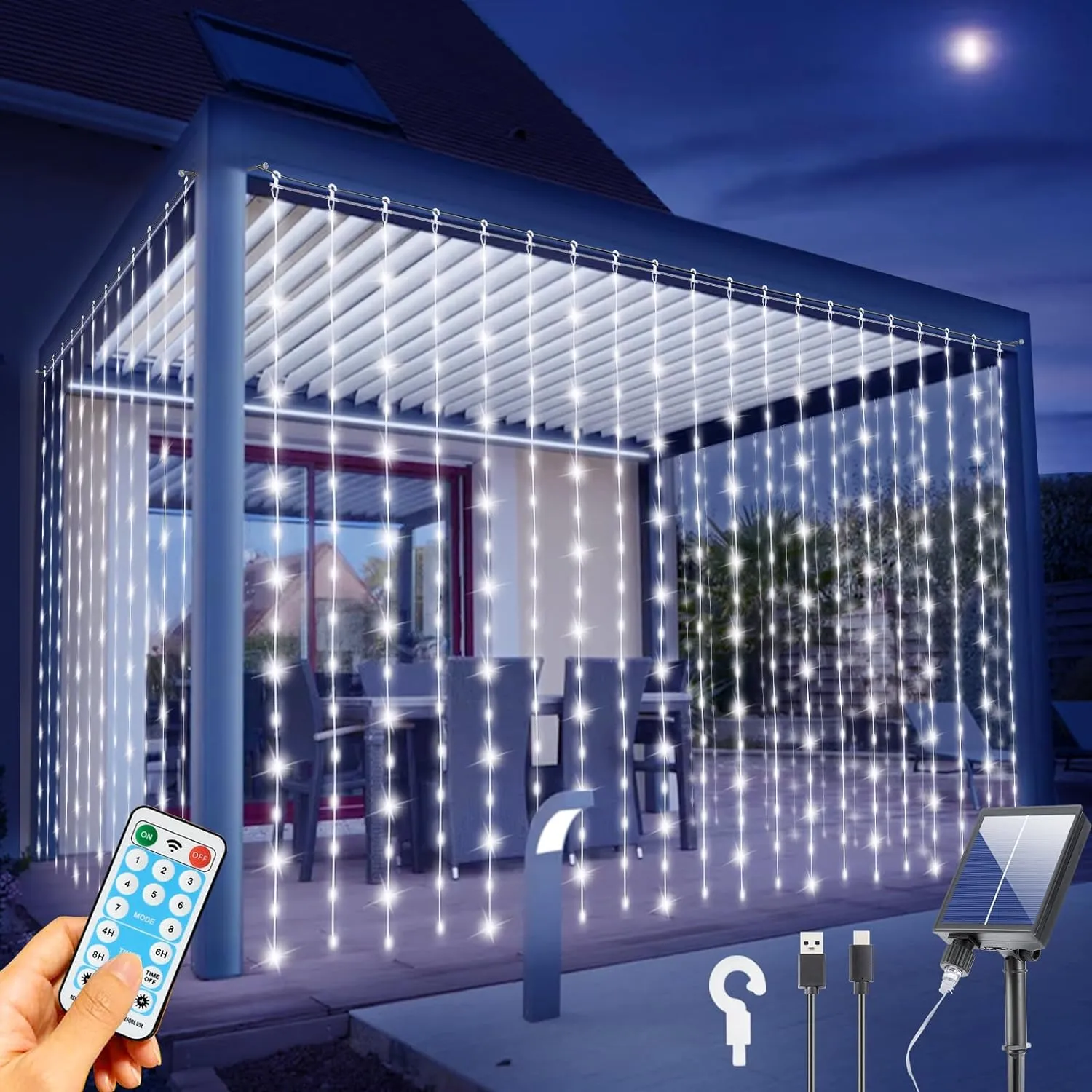 Outdoor Elegance: 300 LED Solar Curtain Lights: Waterproof, Remote, 8 Modes