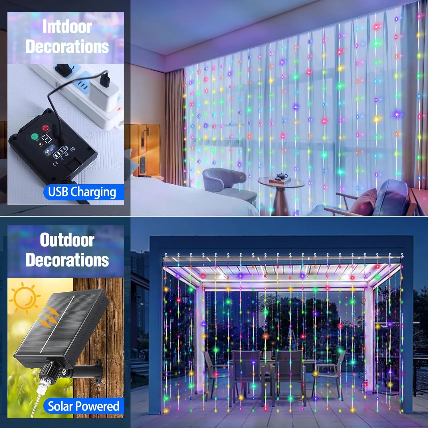 Outdoor Elegance: 300 LED Solar Curtain Lights: Waterproof, Remote, 8 Modes
